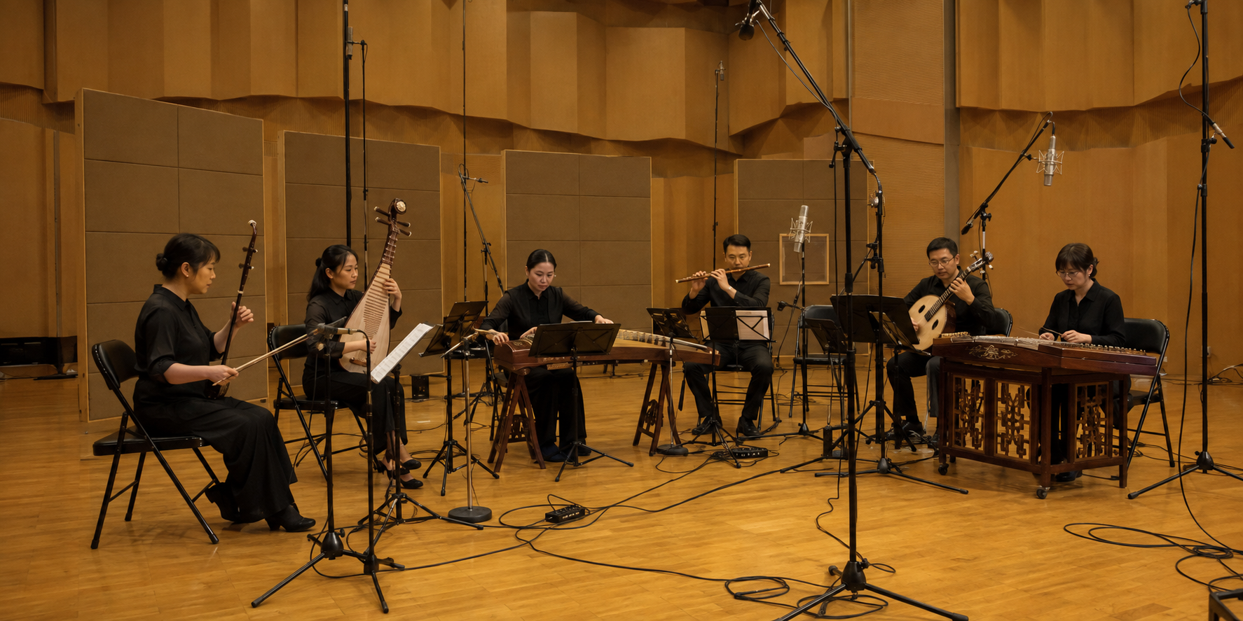 Chinese instrumentalists recording in a professional scoring stage